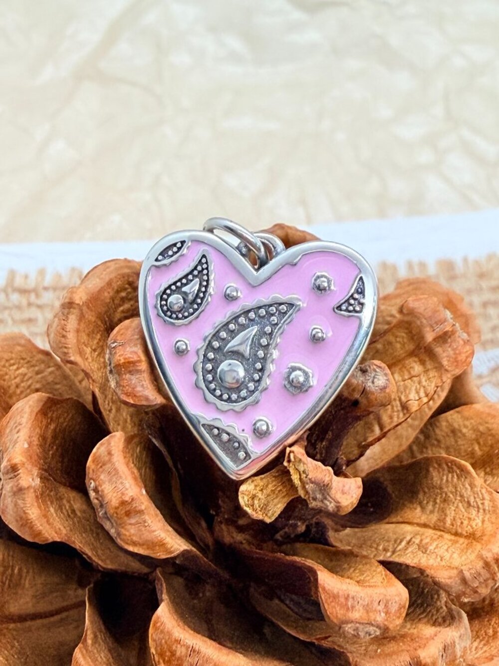 James Avery Pink Enamel Western Bandana Heart Charm Sterling Silver